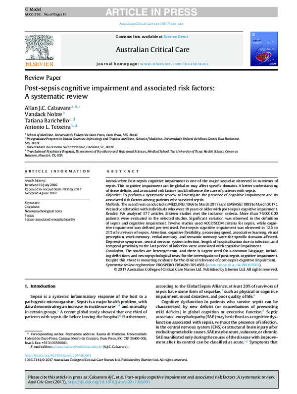 (PDF) Post-sepsis cognitive impairment and associated risk factors: A ...