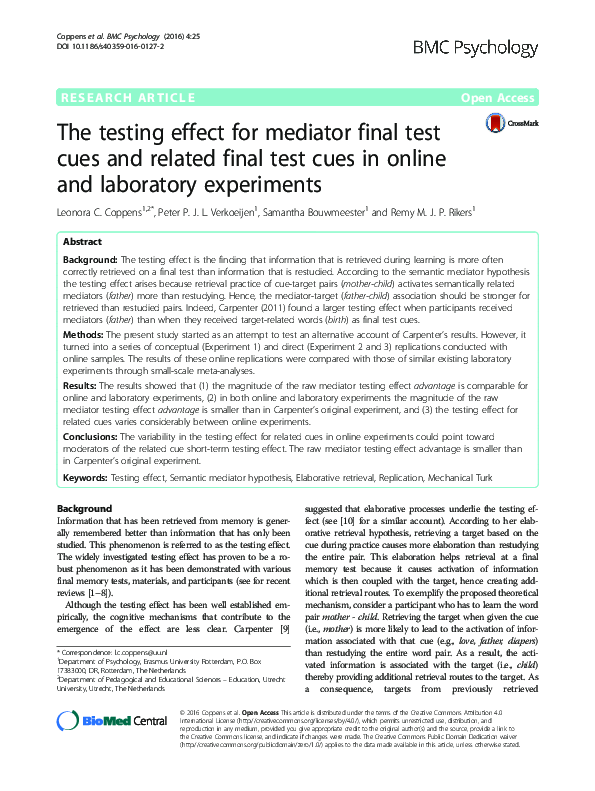 (PDF) The testing effect for mediator final test cues and related final ...