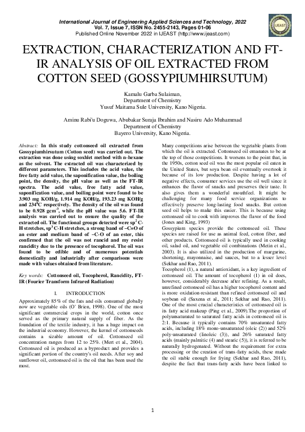 (PDF) Extraction, Characterization and Ftir Analysis of Oil Extracted ...