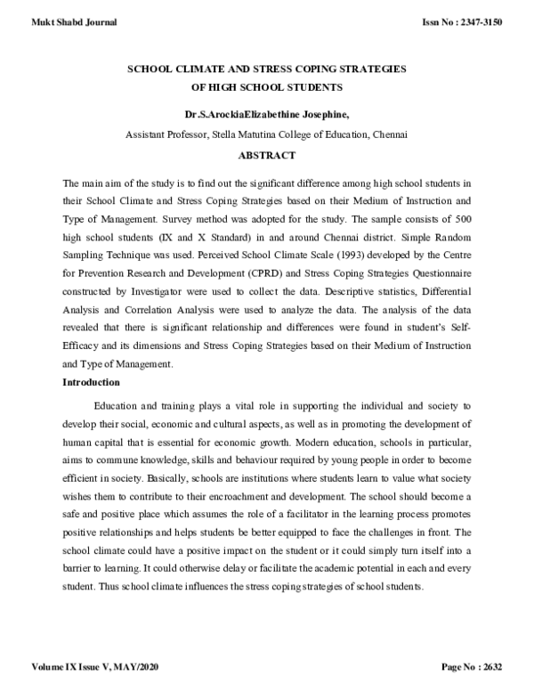 (PDF) SCHOOL CLIMATE AND STRESS COPING STRATEGIES OF HIGH SCHOOL STUDENTS