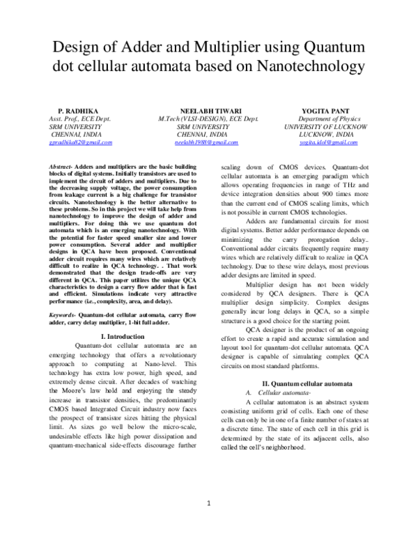 (PDF) Design of Adder and Multiplier Using Quantum Dot Cellular ...