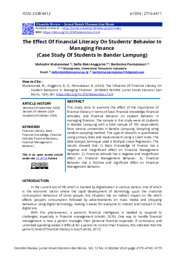 (PDF) The Effect Of Financial Literacy On Students' Behavior In ...
