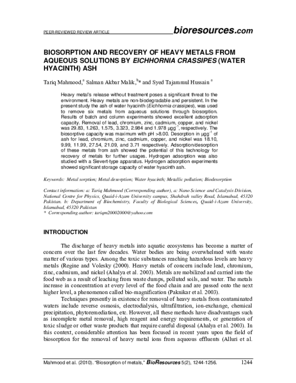 (PDF) Biosorption and recovery of heavy metals from aqueous solutions ...