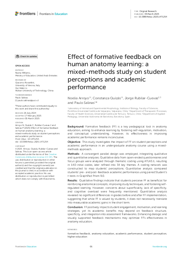 (PDF) Efect of formative feedback on human anatomy learning: a mixed ...