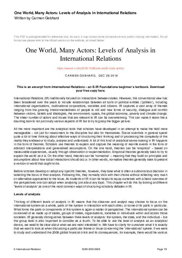 (PDF) One World, Many Actors: Levels of Analysis in International Relations