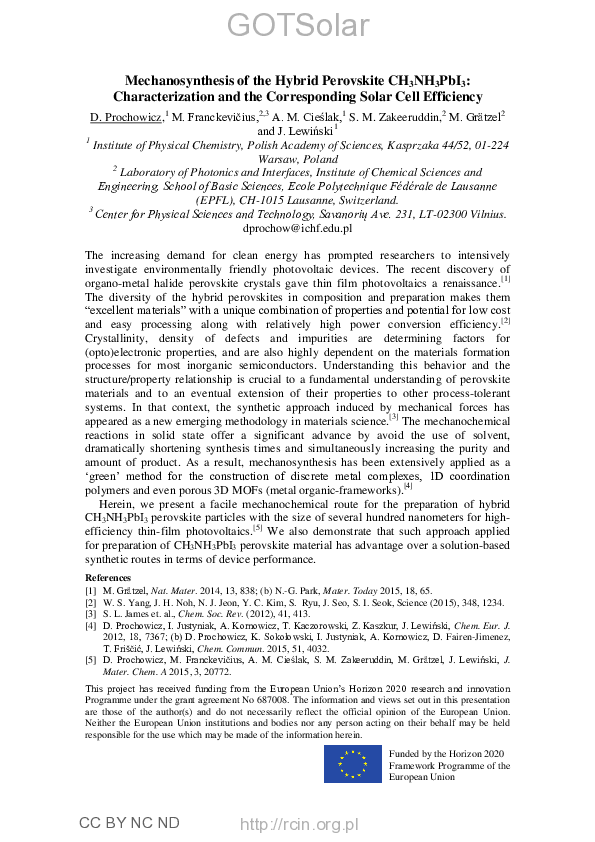 (PDF) Mechanosynthesis of the hybrid perovskite CH3NH3PbI3 ...