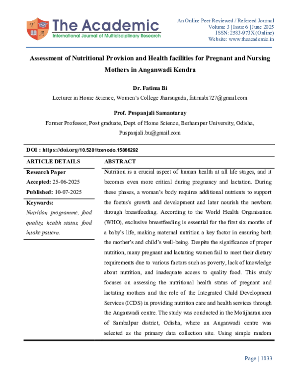 (PDF) Assessment of Nutritional Provision and Health facilities for ...
