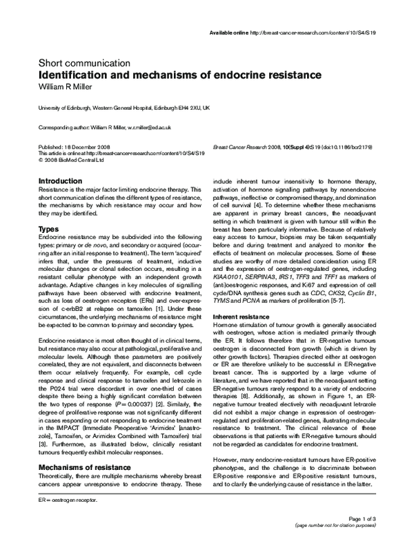 (PDF) Identification and mechanisms of endocrine resistance