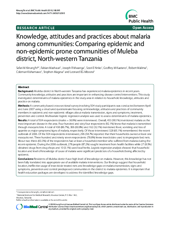 (PDF) Knowledge, attitudes and practices about malaria among ...