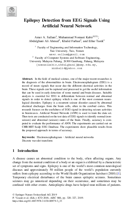 (PDF) Epilepsy Detection from EEG Signals Using Artificial Neural Network