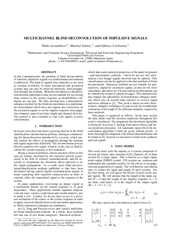 (PDF) Multichannel Blind Deconvolution of Transient Impulsive Signals