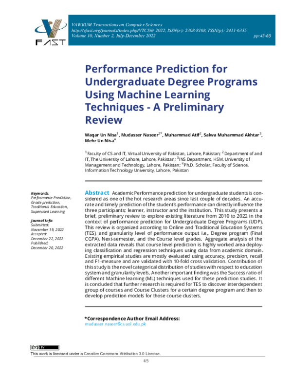 (PDF) Performance Prediction for Undergraduate Degree Programs Using ...
