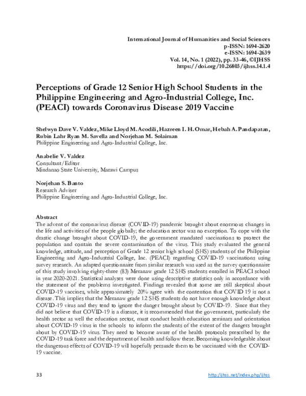 (PDF) Perceptions of Grade 12 Senior High School Students in the ...