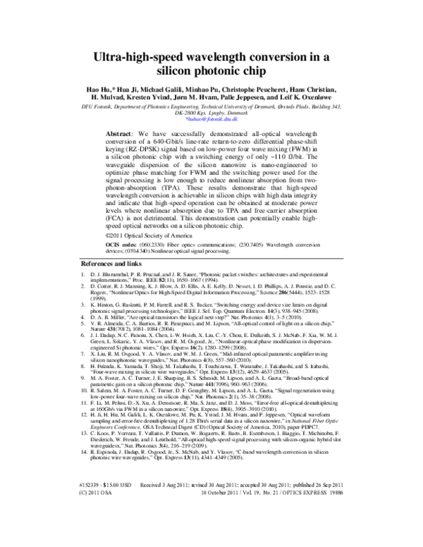 (PDF) Ultra-high-speed wavelength conversion in a silicon photonic chip