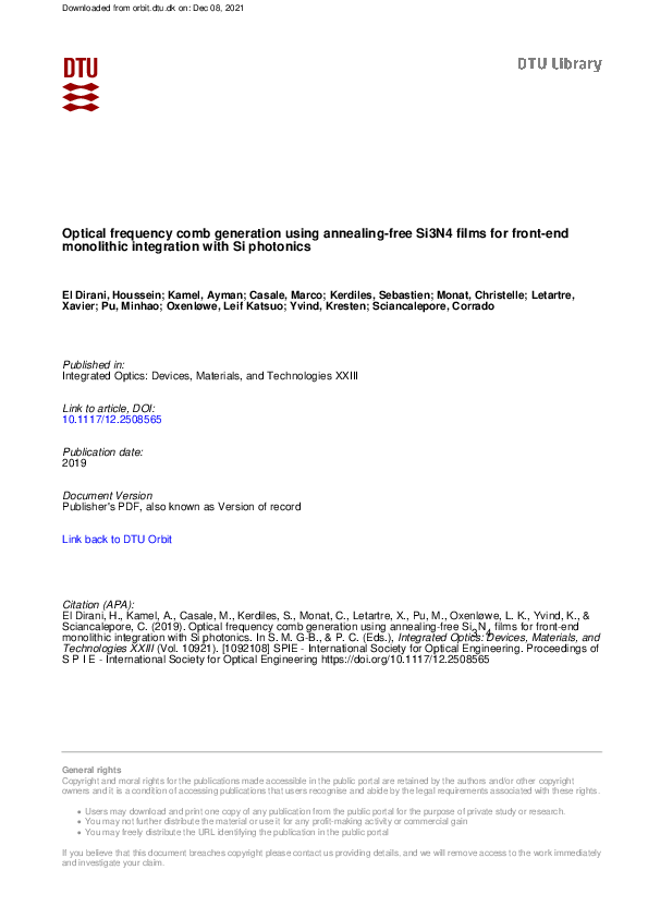 (PDF) Optical frequency comb generation using annealing-free Si3N4 ...