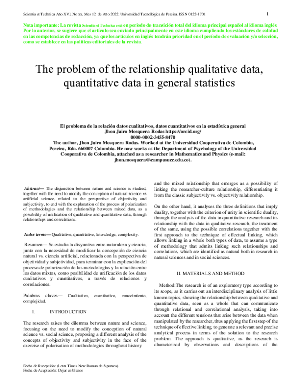 (PDF) The problem of the relationship qualitative data, quantitative ...