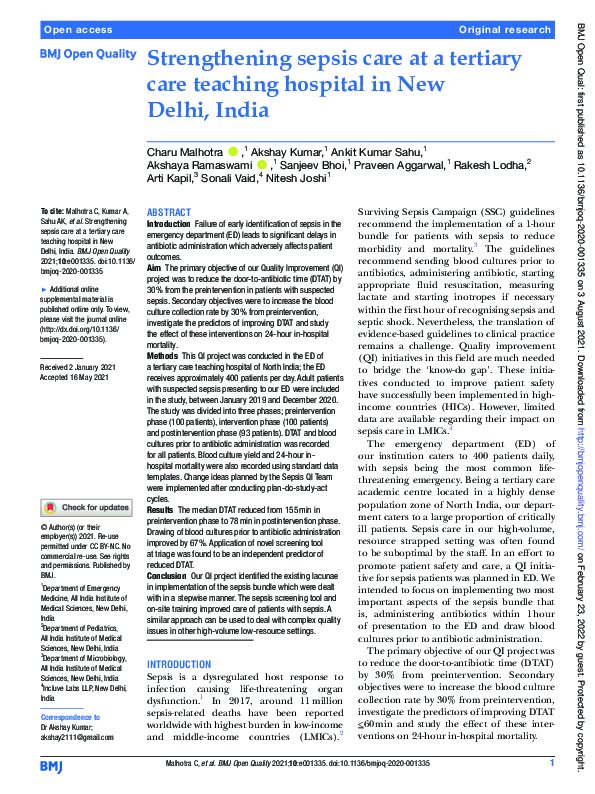 (PDF) Strengthening sepsis care at a tertiary care teaching hospital in ...