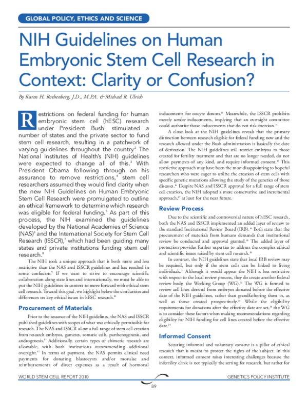 (PDF) NIH Guidelines on Human Embryonic Stem Cell Research in Context ...