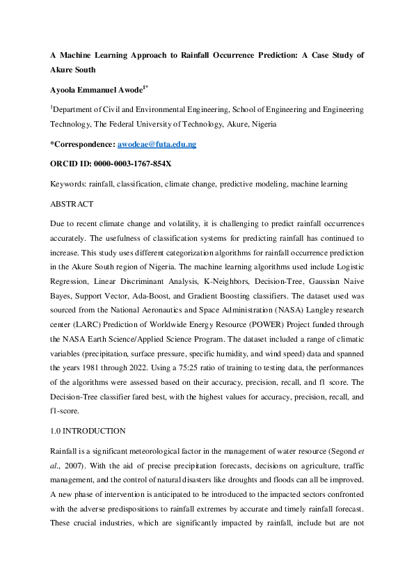 (PDF) A Machine Learning Approach to Rainfall Occurrence Prediction: A ...