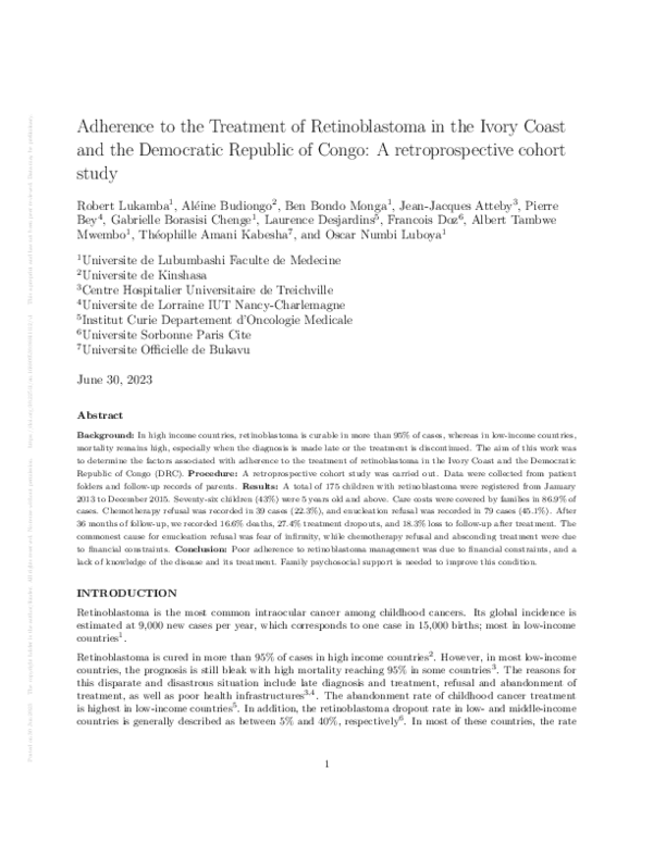(PDF) Adherence to the Treatment of Retinoblastoma in the Ivory Coast ...