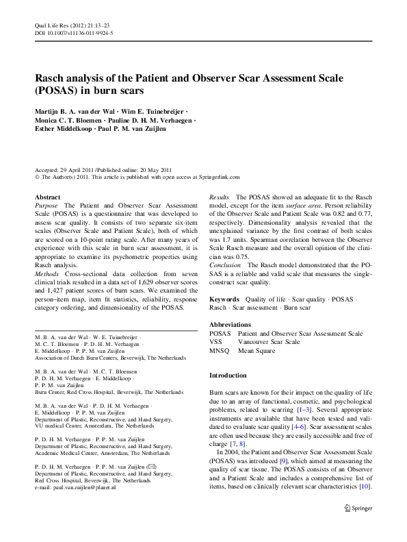 (PDF) Rasch analysis of the Patient and Observer Scar Assessment Scale ...