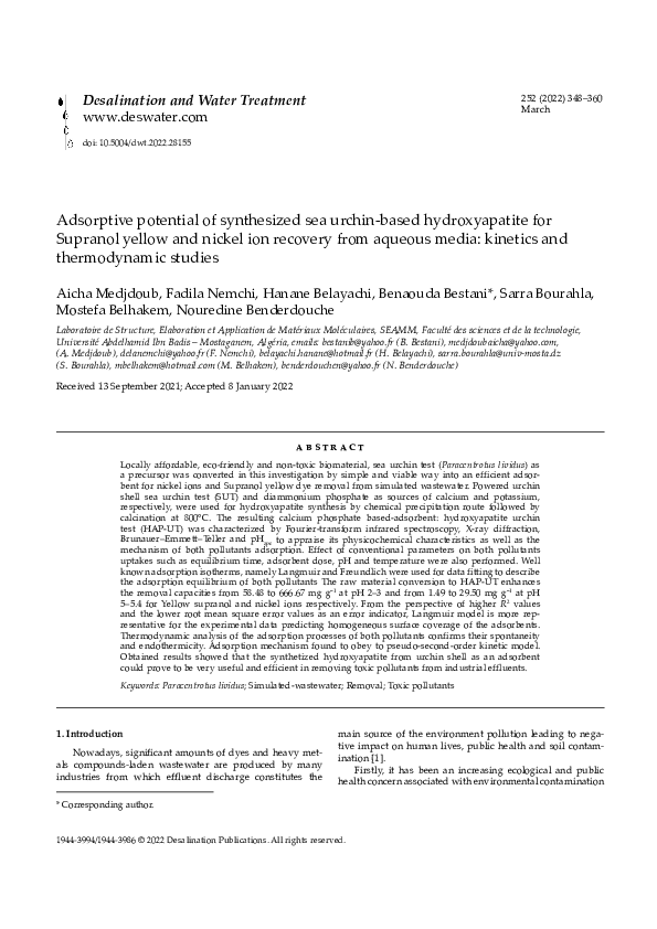 (PDF) Adsorptive potential of synthesized sea urchin-based ...