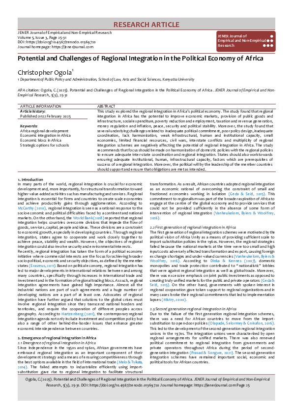 (PDF) Potential and Challenges of Regional Integration in the Political ...