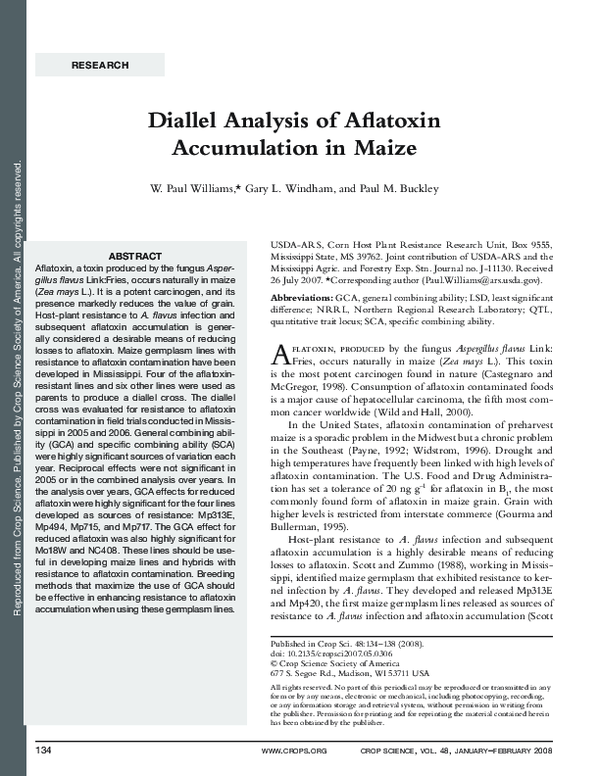 (PDF) Diallel Analysis of Aflatoxin Accumulation in Maize