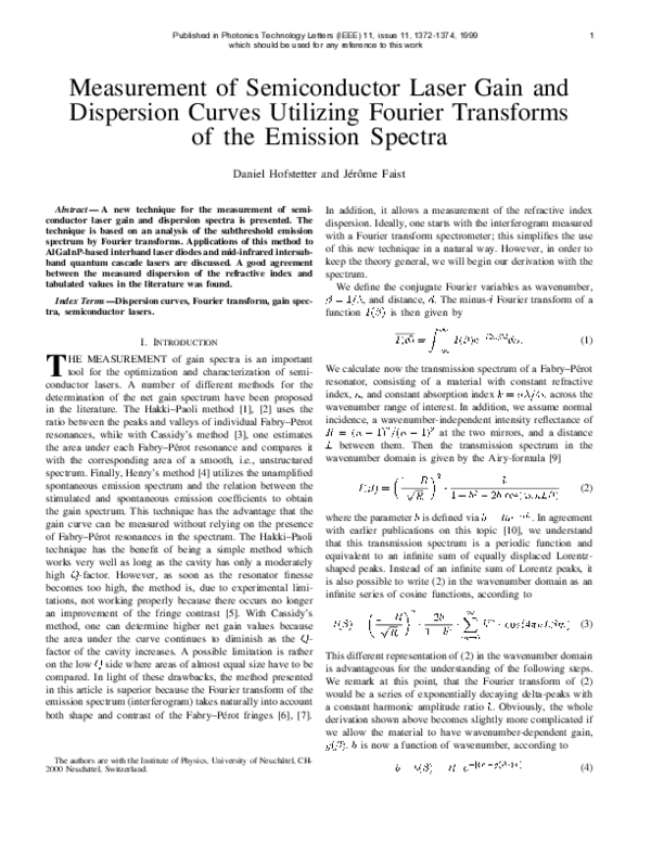 (PDF) Measurement of semiconductor laser gain and dispersion curves ...