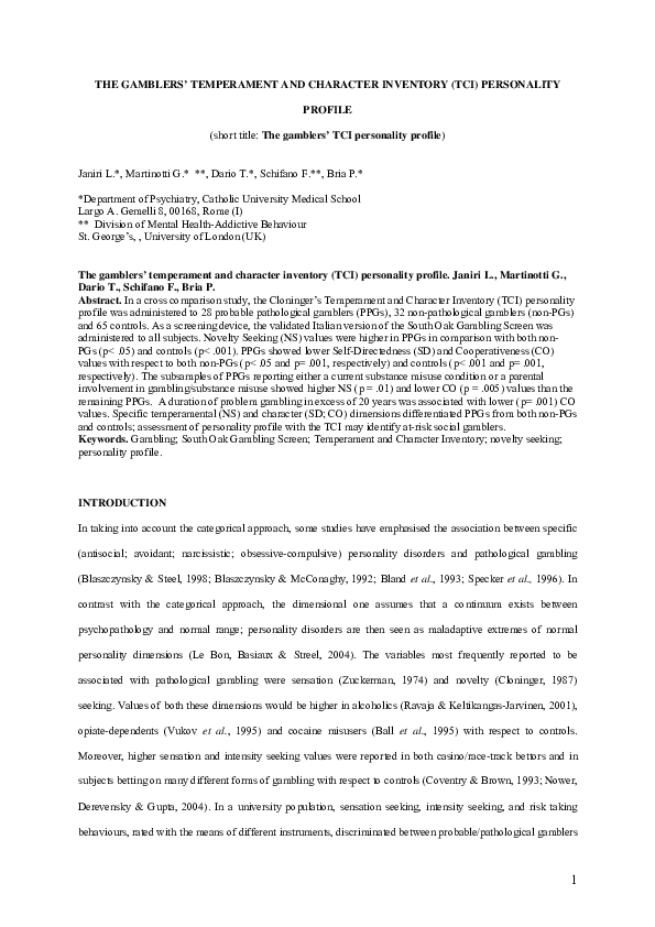 (PDF) The Gamblers' Temperament and Character Inventory (TCI ...