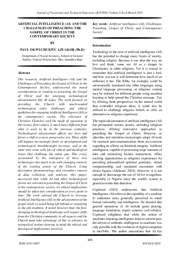 (PDF) ARTIFICIAL INTELLIGENCE (AI) AND THE CHALLENGES OF PREACHING THE ...