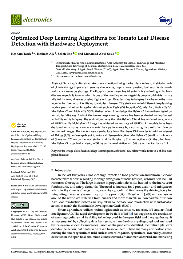 (PDF) Optimized Deep Learning Algorithms for Tomato Leaf Disease ...