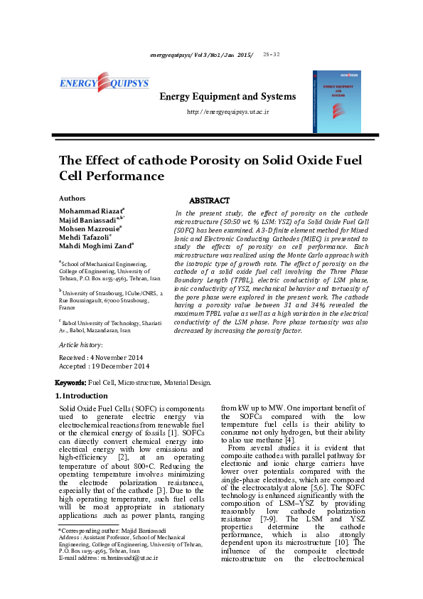 (PDF) The Effect of cathode Porosity on Solid Oxide Fuel Cell Performance