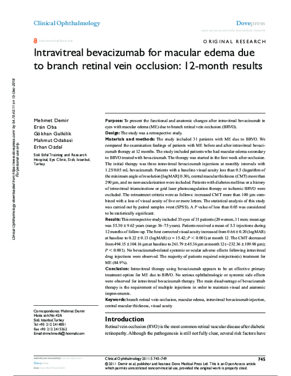 (PDF) Intravitreal bevacizumab for macular edema due to branch retinal ...
