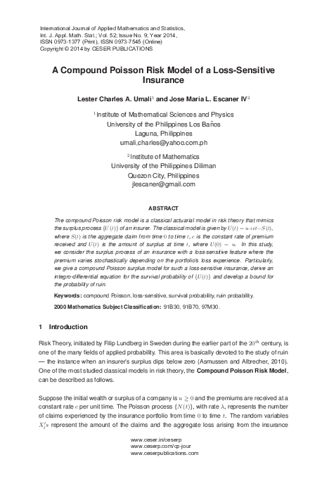 (PDF) A Compound Poisson Risk Model of a Loss-Sensitive Insurance