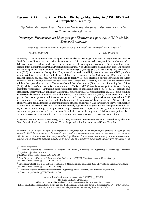 (PDF) Parametric Optimization of Electric Discharge Machining for AISI ...