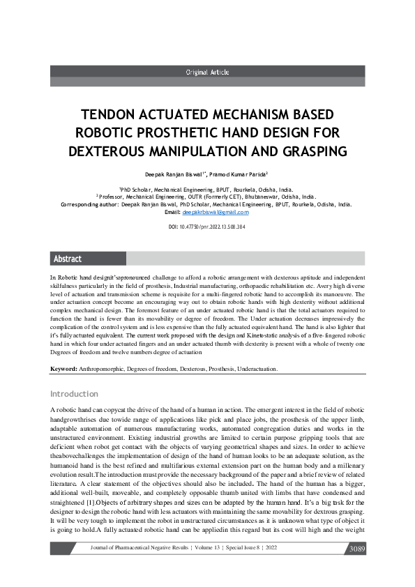 (PDF) Tendon Actuated Mechanism Based Robotic Prosthetic Hand Design ...