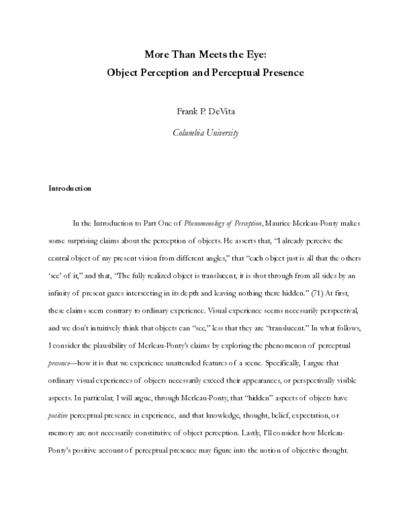 (PDF) More Than Meets the Eye: Object Perception and Perceptual Presence
