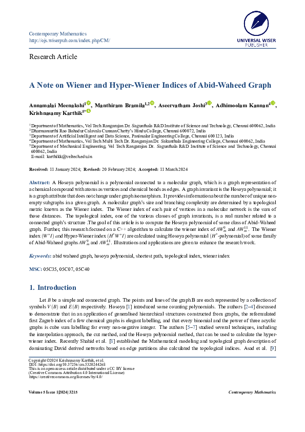 (PDF) A Note on Wiener and Hyper-Wiener Indices of Abid-Waheed Graph