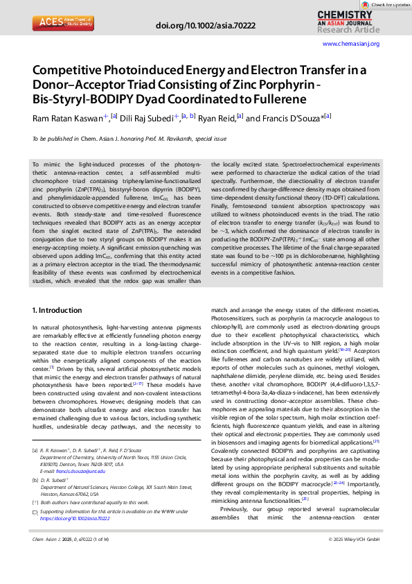 (PDF) Competitive Photoinduced Energy and Electron transfer in a Donor ...