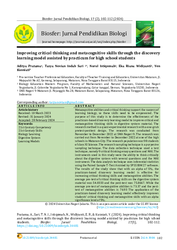 (PDF) Improving critical thinking and metacognitive skills through the ...