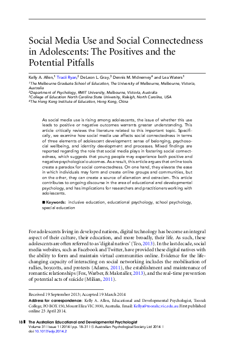 (PDF) Social Media Use and Social Connectedness in Adolescents: The ...