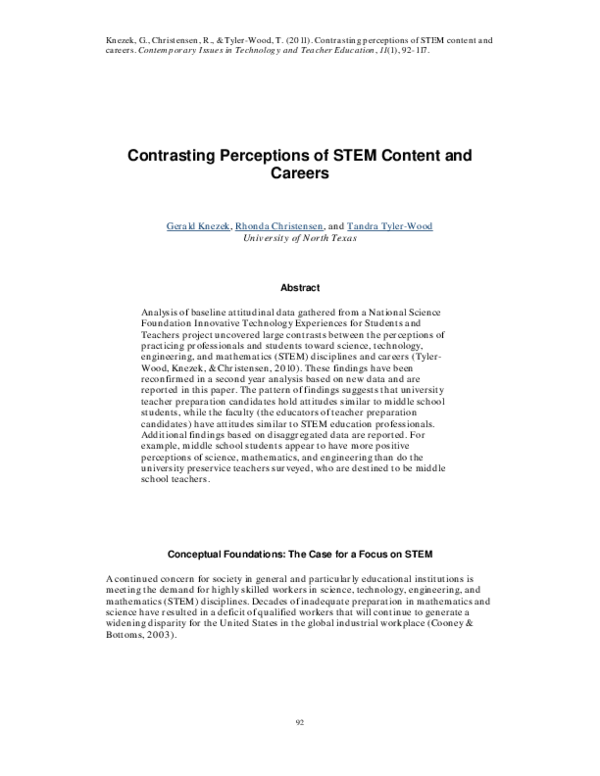 (PDF) Contrasts in Teacher and Student Perceptions of STEM Content and ...