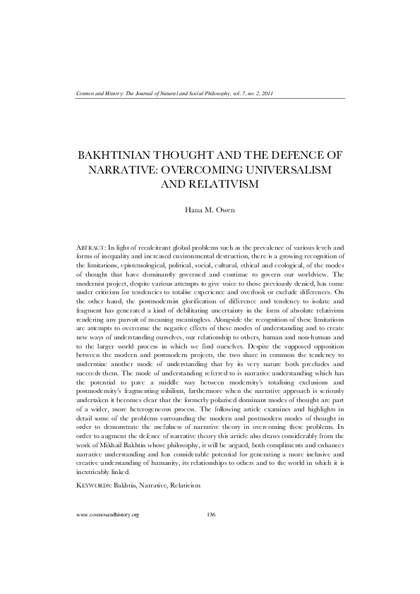 (PDF) Bakhtinian Thought and the defence of Narrative: Overcoming ...