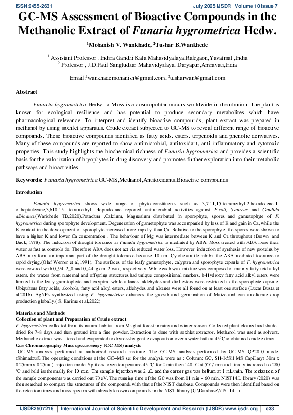 (PDF) GC-MS Assessment of Bioactive Compounds in the Methanolic Extract ...