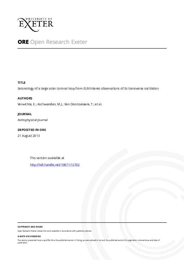 (PDF) Seismology of a Large Solar Coronal Loop from Euvi ...