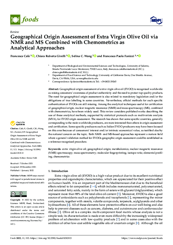 (PDF) Geographical Origin Assessment of Extra Virgin Olive Oil via NMR ...