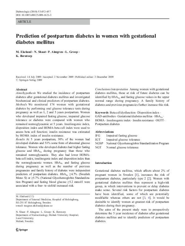 (PDF) Prediction of postpartum diabetes in women with gestational ...