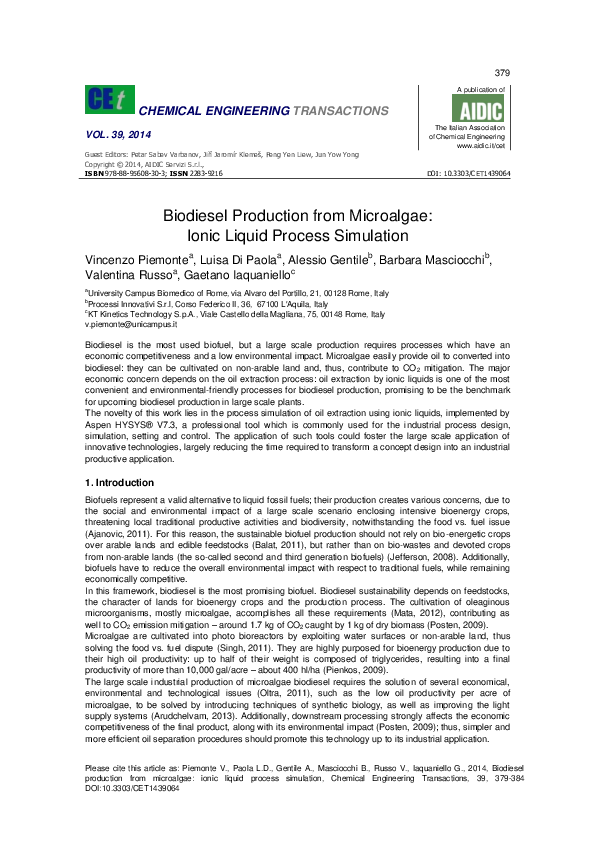 (PDF) Biodiesel production from microalgae: ionic liquid process simulation