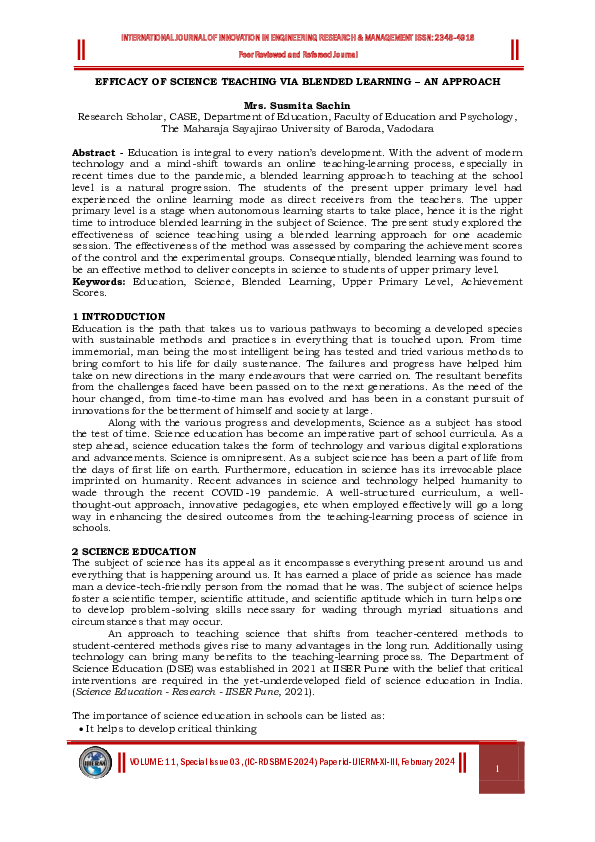 (PDF) EFFICACY OF SCIENCE TEACHING VIA BLENDED LEARNING -AN APPROACH